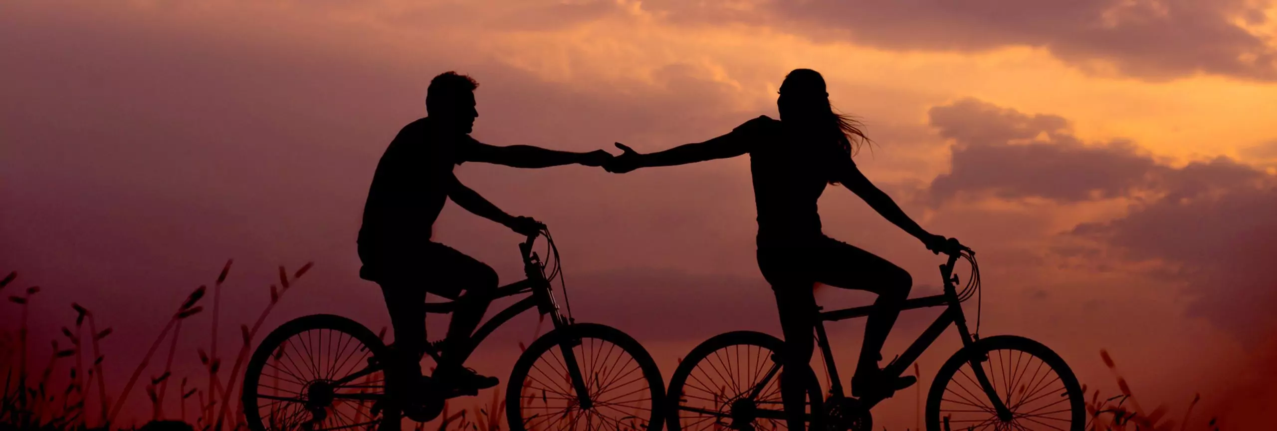 Two cyclists giving their hands to each other in nature